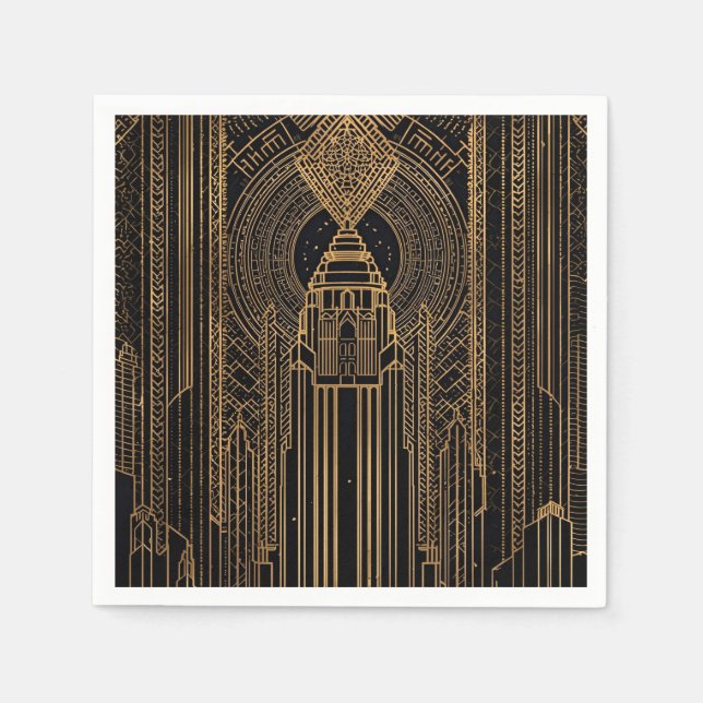 Black and Gold Art Deco Paper Napkin Pappersservett (Framsidan)