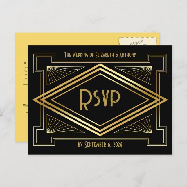 Black and Gold Art Deco Wedding RSVP QR Code Vykort (Fram/baksida)