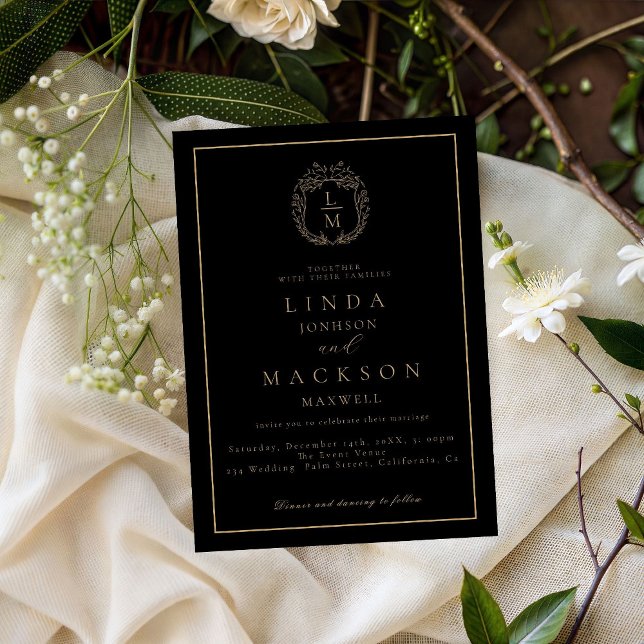 Black and gold botanical crest monogram wedding inbjudningar (Skapare uppladdad)
