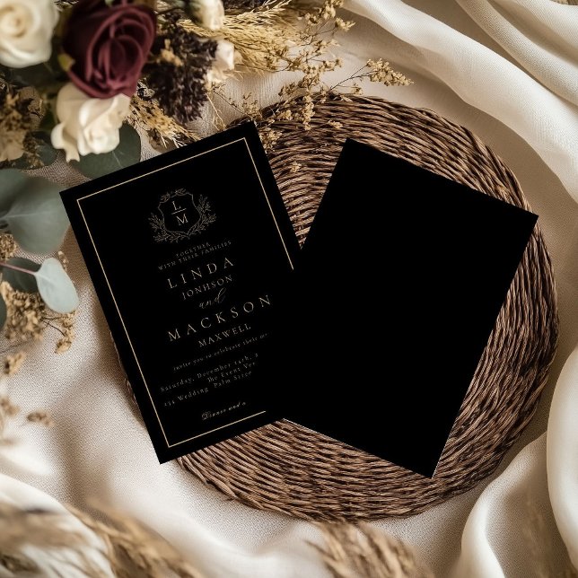 Black and gold botanical crest monogram wedding inbjudningar (Skapare uppladdad)