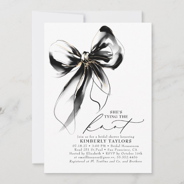 Black and Gold Bow Elegant Whimsical Bridal Shower Inbjudningar (Framsida)