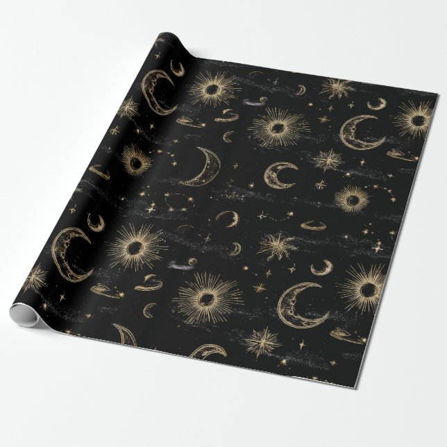 Black and Gold Celestial Wrapping Paper Presentpapper (Utrullad)