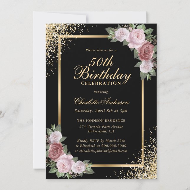 Black and Gold Confetti Blush Floral 50th Birthday Inbjudningar (Framsida)