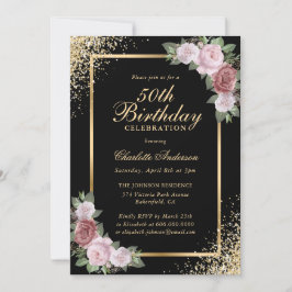 Black and Gold Confetti Blush Floral 50th Birthday Inbjudningar