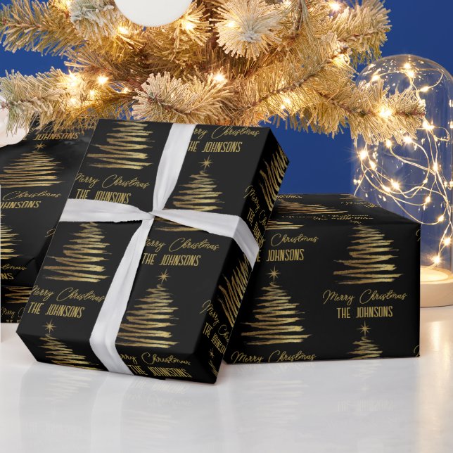Black And Gold Elegant Merry Christmas Tree Name Presentpapper (Helgdagar)