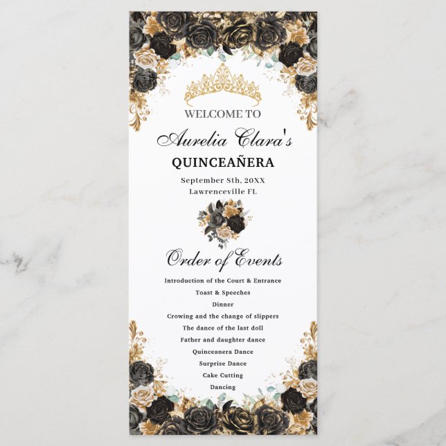 Black and Gold Floral Quinceañera Order Events Program (Framsida)