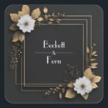 Black and Gold Floral with White Flowers Wedding  Fyrkantigt Klistermärke<br><div class="desc">Sophistication and timeless elegance meet botanical beauty in this Black and Gold Floral Wedding Sticker with White Flowers. Designed for the modern couple who values luxurious minimalism, this sticker features a deep black textured background framed by triple-line metallic gold borders. In each diagonal corner, a stunning floral composition of delicate...</div>