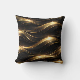 Black and Gold Fluid Wave Pattern Throw Pillow Kudde
