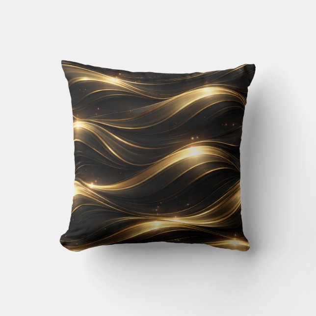 Black and Gold Fluid Wave Pattern Throw Pillow Kudde (Framsida)