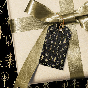 Black and Gold Foil Winter Scene Trees Snow Presentetikett