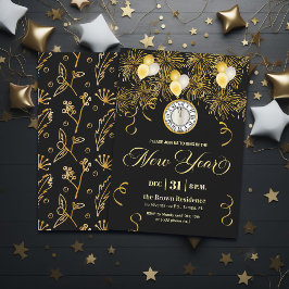 Black and Gold Glitter New Year's Eve Party  Inbjudningar