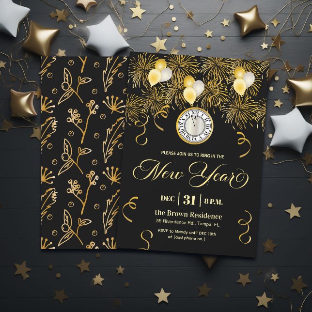 Black and Gold Glitter New Year's Eve Party  Inbjudningar (Skapare uppladdad)