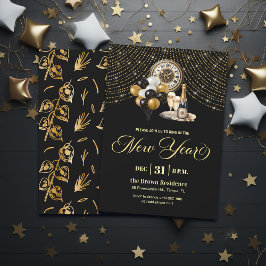 Black and Gold Glitter New Year's Eve Party  Inbjudningar
