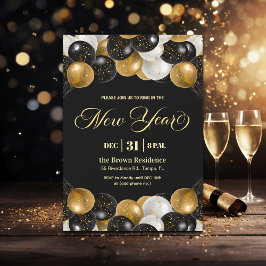 Black and Gold Glitter New Year's Eve Party  Inbjudningar
