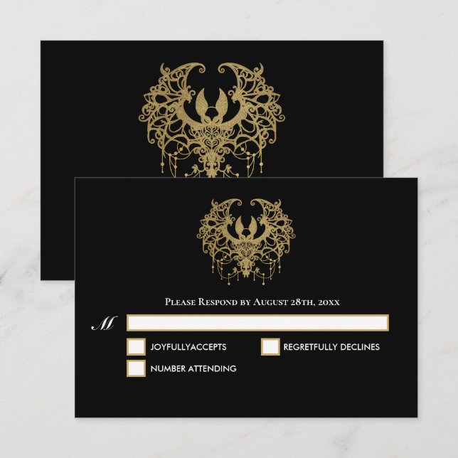 Black and gold Gothic Halloween Wedding RSVP Card OSA Kort (Fram/baksida)