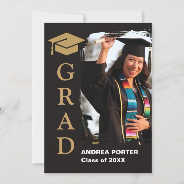 Black and Gold Graduation Invitation with Photo Inbjudningar (Framsida)