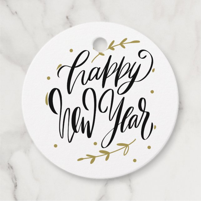 Black and Gold Happy New Year Calligraphy Wreath Gåvor Etiketter (Framsida)