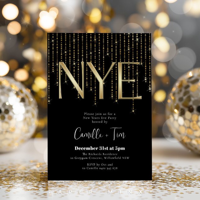 Black and Gold New Years Eve Party NYE Inbjudningar (NYE party invitation in gold and black )