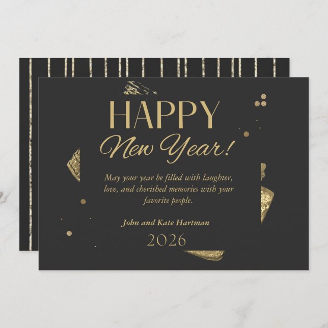 Black and Gold New Years Greeting Card Inbjudningar (Fram/baksida)