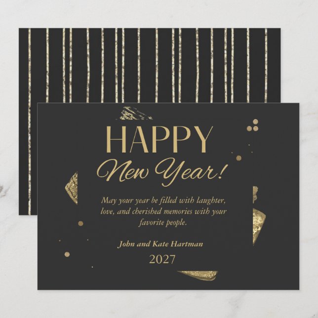 Black and Gold New Years Greeting Card Inbjudningar (Fram/baksida)