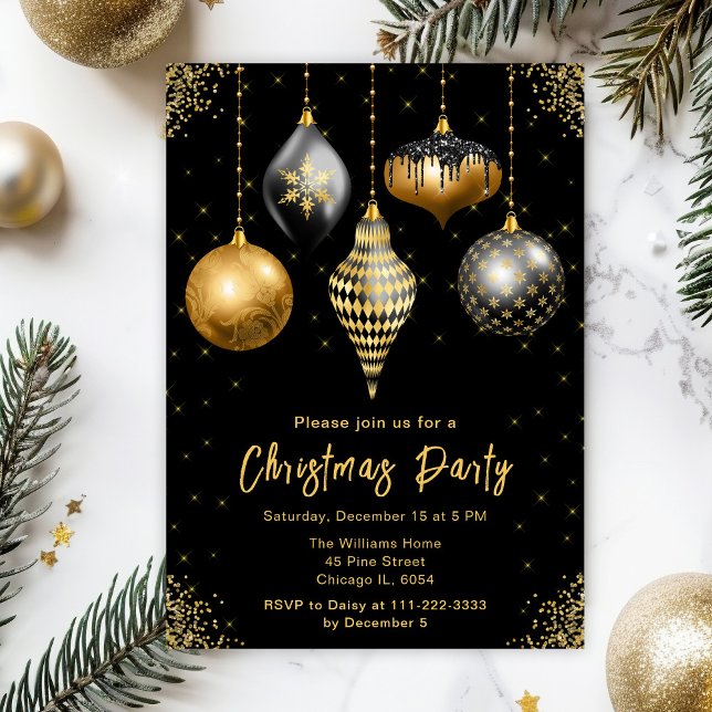 Black and Gold Ornaments Christmas Party Inbjudningar (Skapare uppladdad)