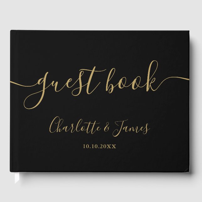 Black And Gold Signature Script Photo Wedding Gästböcker (Framsida)