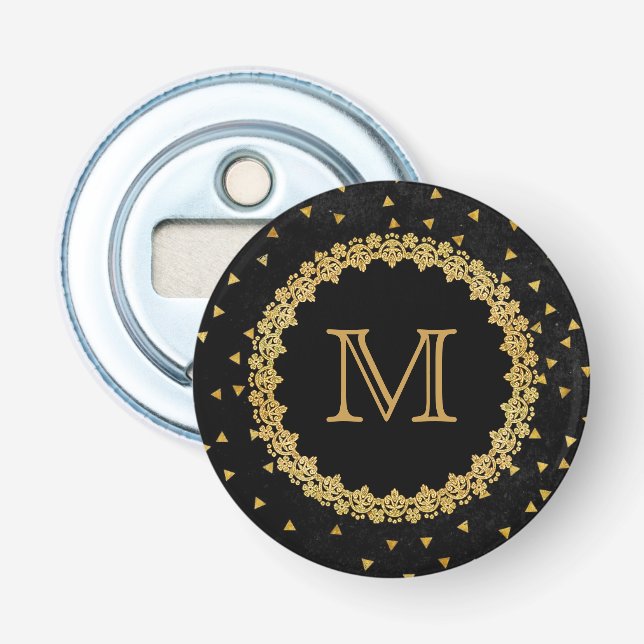 Black and Gold Sparkles Monogram Flasköppnare (Framsidan)
