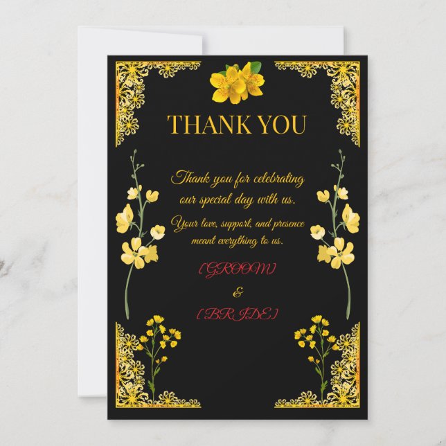 Black and Gold Wedding Thank You Card Tack Kort (Framsida)