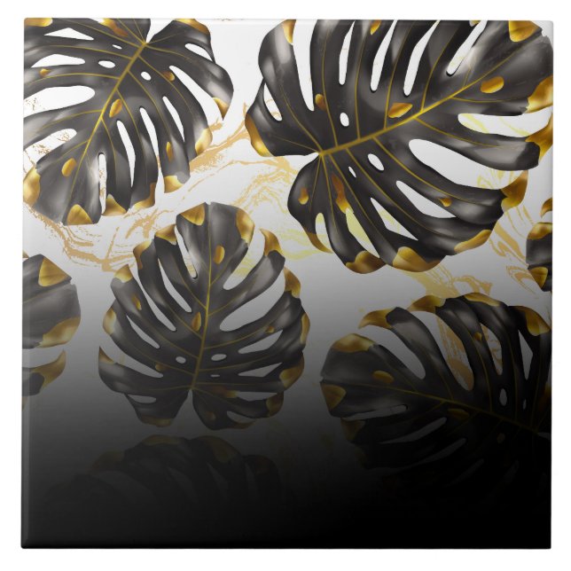 Black and Golden Tropical Lövs Kakelplatta (Framsidan)