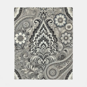 Black and Grått Blommigt Paisley Elegance Fleecefilt