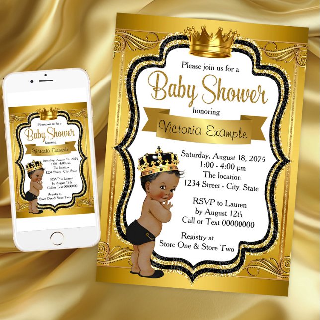 Black and Guld African American Prince Baby Shower Inbjudningar (Instant Download Black Gold Prince Baby Shower Invitation. Printed invitations available.)