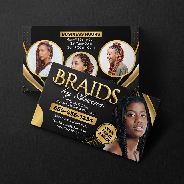 Black and Guld African Hair Braiding Salon Photo Visitkort (Skapare uppladdad)