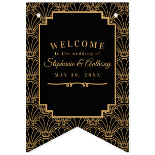 Black and Guld Art Deco Fläkt Flowers Bröllop Bann Vimplar