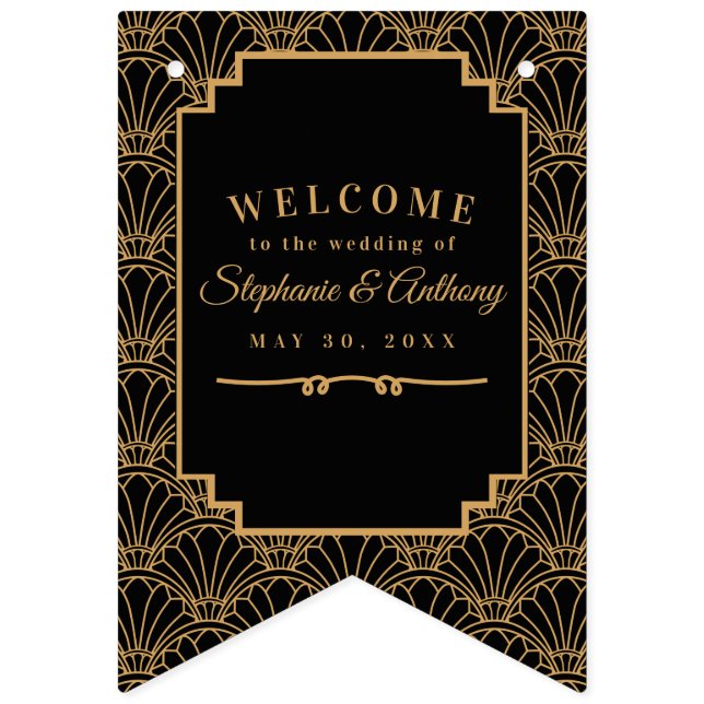 Black and Guld Art Deco Fläkt Flowers Bröllop Bann Vimplar (Elfte flaggan)