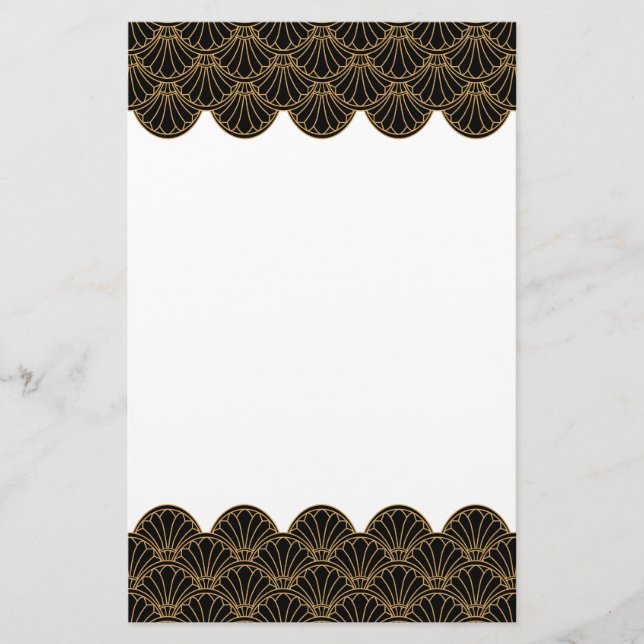 Black and Guld Art Deco Fläkt Flowers Motif Brevpapper (Framsida)