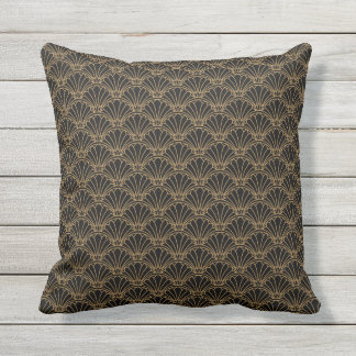 Black and Guld Art Deco Fläkt Flowers Motif Kudde