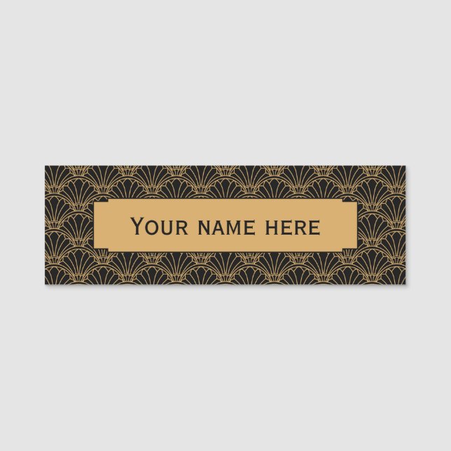 Black and Guld Art Deco Fläkt Flowers Motif Namnbricka (Framsida)