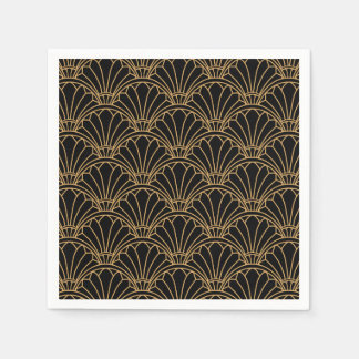 Black and Guld Art Deco Fläkt Flowers Motif Pappersservett