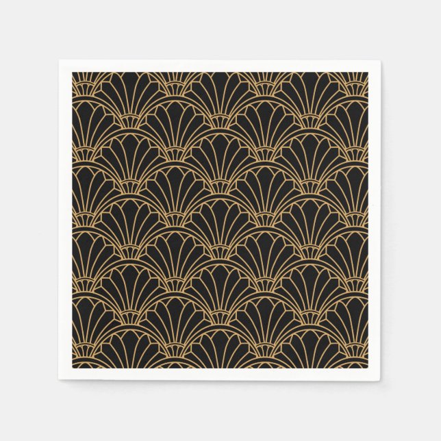 Black and Guld Art Deco Fläkt Flowers Motif Pappersservett (Framsidan)