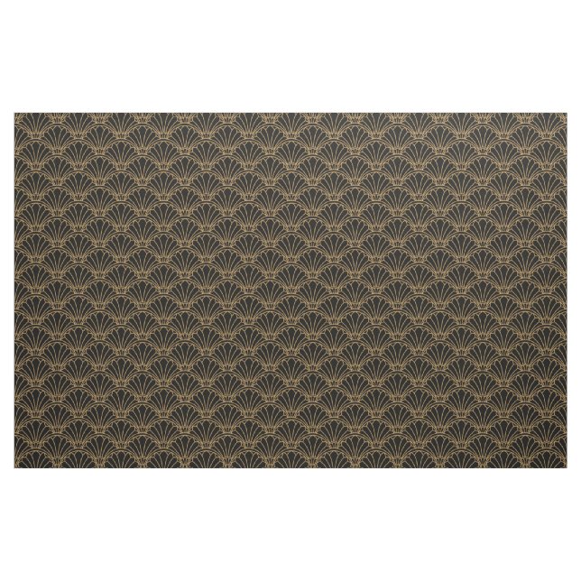 Black and Guld Art Deco Fläkt Flowers Motif Tyg (Yard)