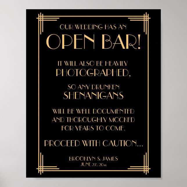 Black and Guld Art Deco Gatsby Open Pub Sign 8x10 Poster (Framsidan)