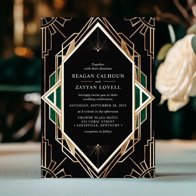 Black and Guld Art Deco Geometric Emerald Bröllop Inbjudningar (Skapare uppladdad)
