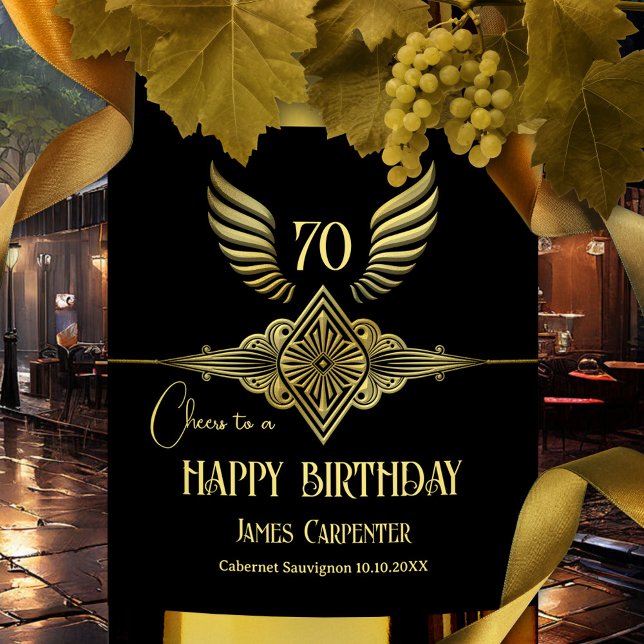 Black and Guld Art Deco Grattis på födelsedagen Vinflaska Etikett (Retro art deco style unique  birthday wine label in classic black and gold)