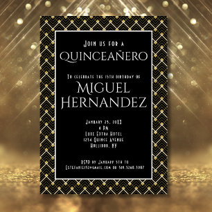 Black and Guld Art Deco Quinceañero 15:e födelseda Inbjudningar