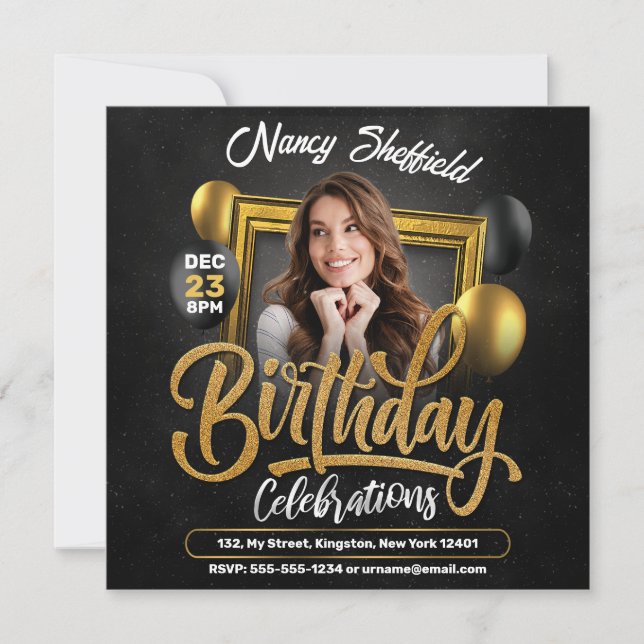 Black and Guld Birthday Celebration Woman Photo Inbjudningar (Framsida)