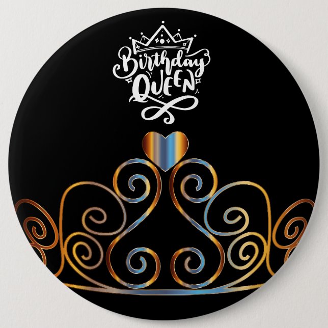 Black and Guld Birthday Queen Button Knapp (Framsida)