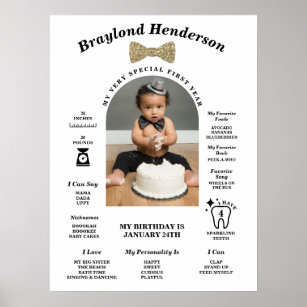 Black and Guld Bow Tie First Birthday Milestone Poster