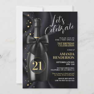 Black and Guld Champagne Birthday Inbjudningar