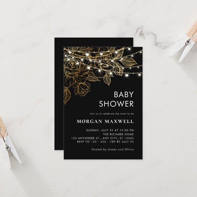 Black and Guld Classy Modern Elegant Baby Shower Inbjudningar (Fram/Back In Situ)