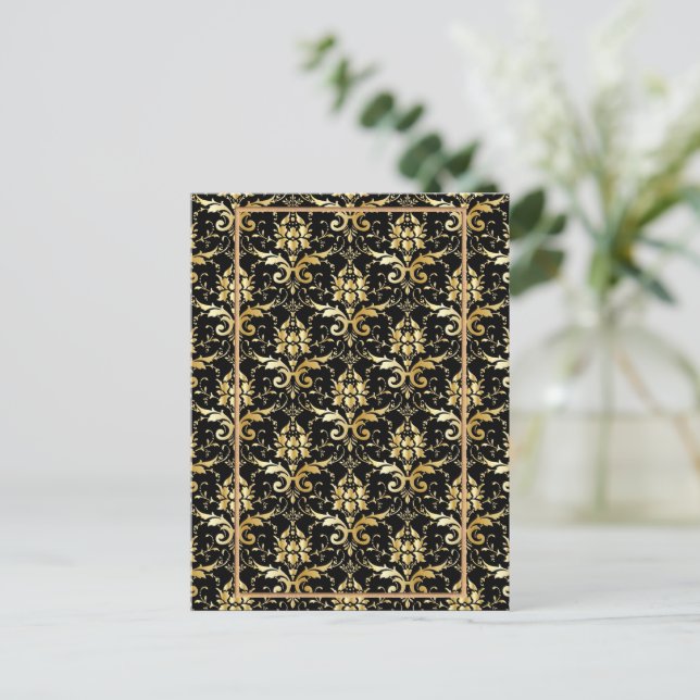 Black and Guld Damask Pattern Vykort (Stående Fram)